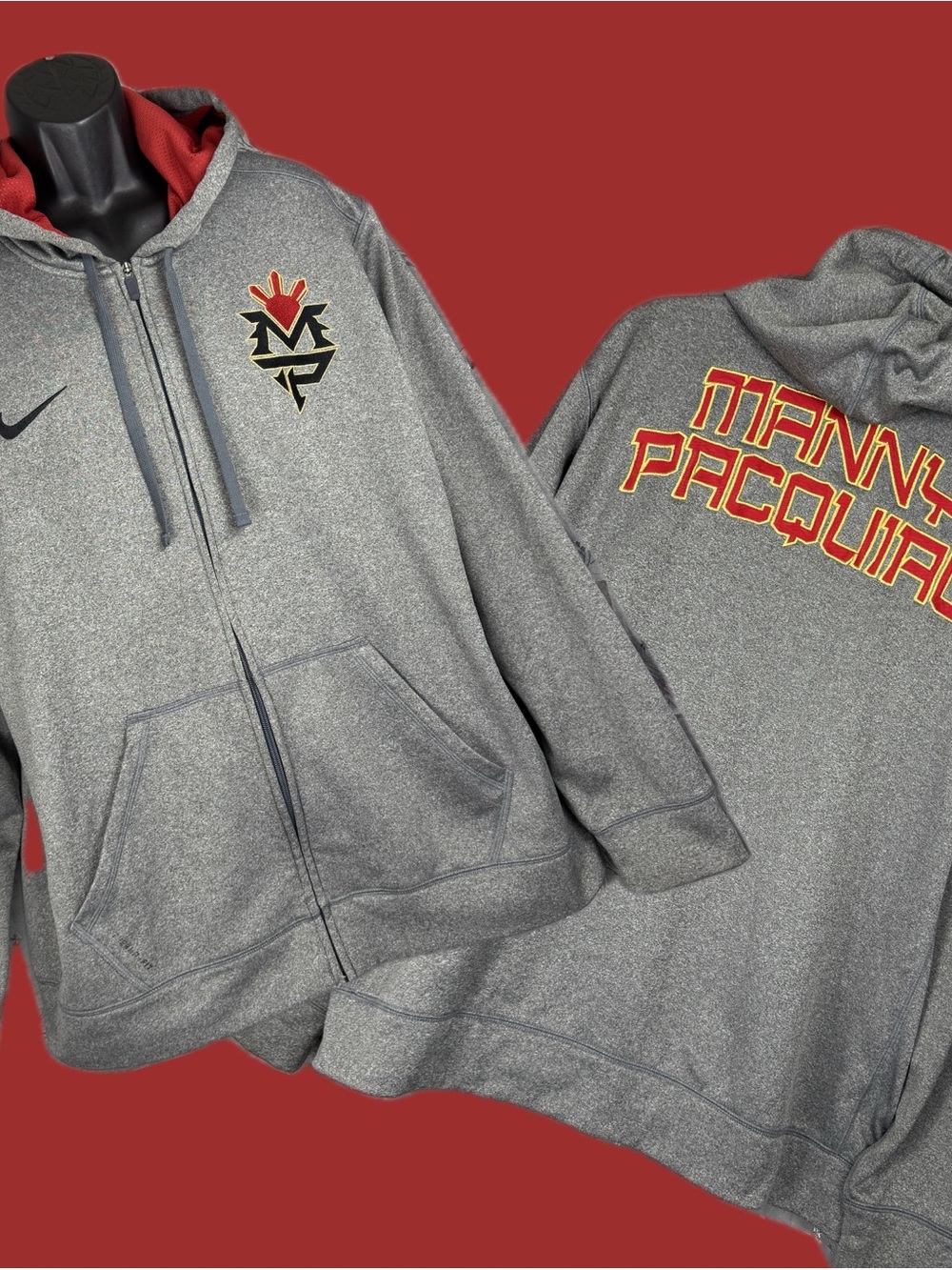 Nike Manny Pacquiao Therma Fit Full Zip Hoodie Mens 2XL Grey Red Boxing Pac-Man